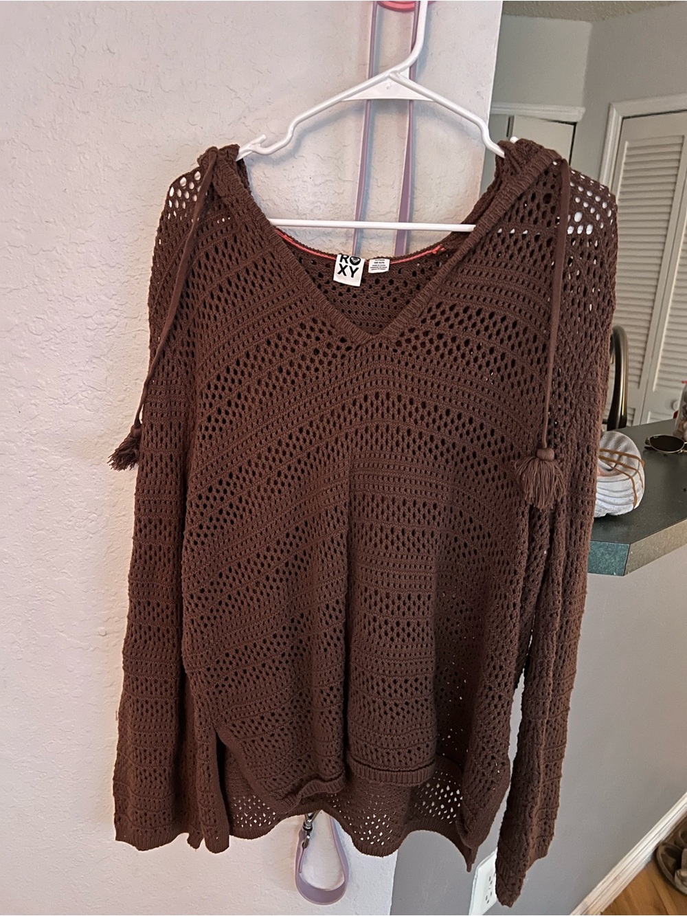 Roxy Brown Crochet V-Neck Hooded Sweater